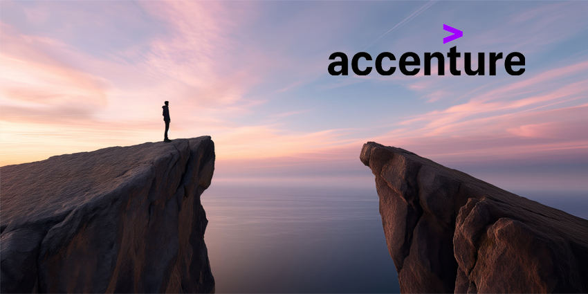 Silhouette of a person standing on edge of a cliff overlooking a gap to another cliff with a serene ocean and colorful sunset background.