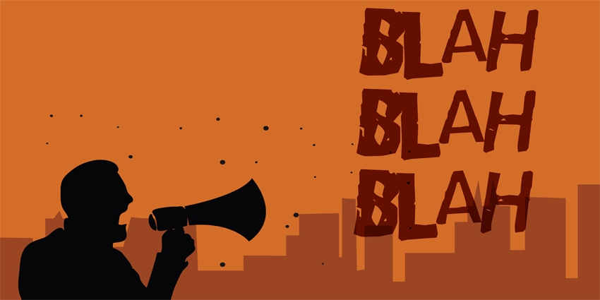 Writing note showing Blah Blah Blah. Business photo showcasing Talking too much false information gossips non-sense speaking Man holding megaphone speaking politician promises orange background.