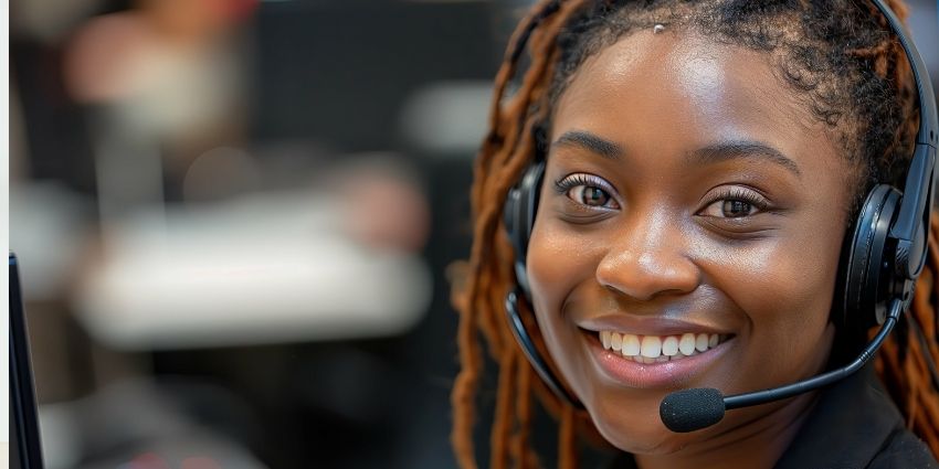 Female with african heritage wearing a contact center headset