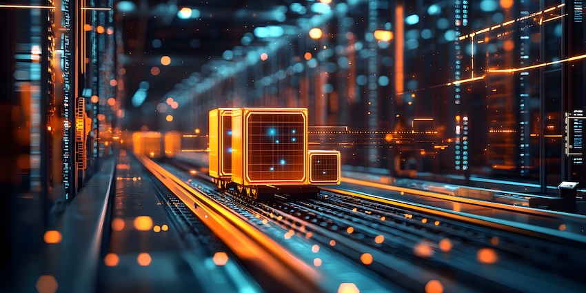 Digital illustration of AI data blocks moving through a futuristic server corridor, symbolising CX platform consolidation