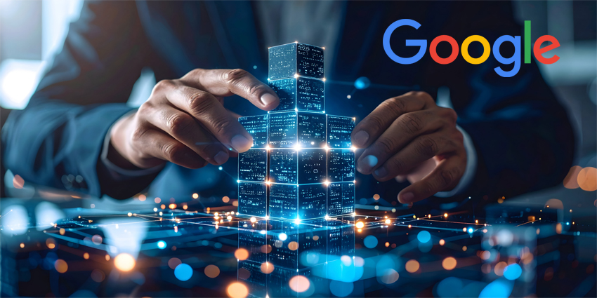 Human hands interact with glowing digital blocks, symbolizing data connection and future innovation