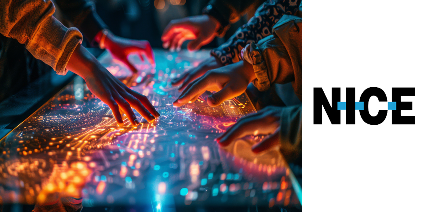 Group of people interact with a futuristic digital touchscreen, engaging with a glowing virtual interface of a smart city.