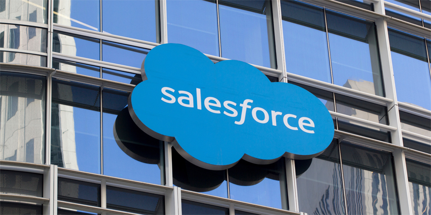 San Francisco, California, USA - Feb 8, 2020: Salesforce logo is seen on the Salesforce Tower at its headquarters campus in the SoMa district of downtown San Francisco, California.