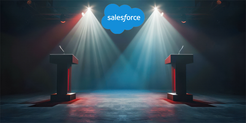 Two podiums on a stage highlighted by spotlights, ready for a debate or presentation in a dimly lit auditorium.