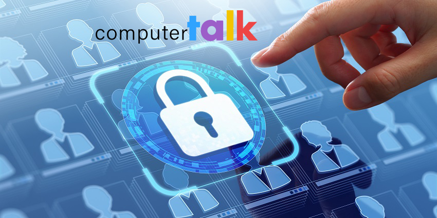 Person touching data protection symbol