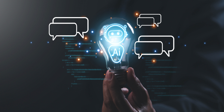 small AI in the palm of a hand, surrounded by speech bubbles